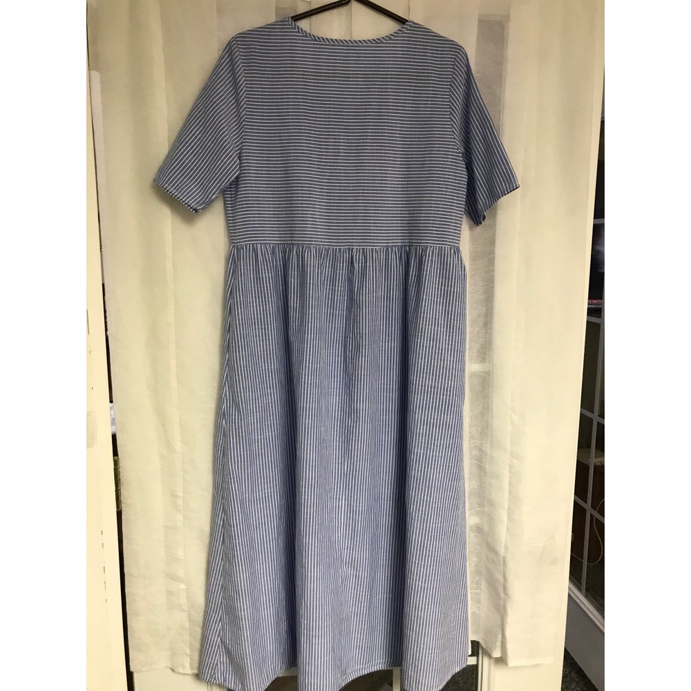 Unbranded Blue White Striped 100% Cotton Midi Dress Short Sleeve Wood Buttons M - Picture 4 of 5